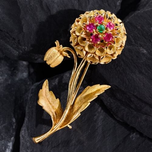 Ruby & Emerald Flower Brooch Pin 18K Yellow Gold