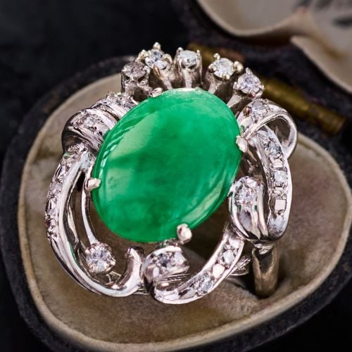 Diamond Scrolling Jade Ring 14K White Gold