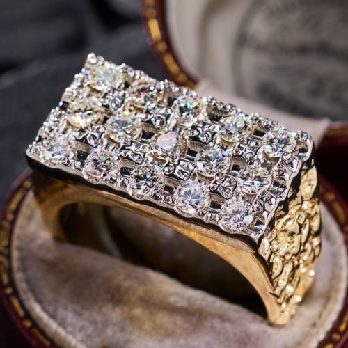 Mens Nugget Texture Diamond Ring 14K Two Tone Gold