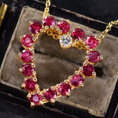 Ruby and Diamond Heart Pendant Necklace 14K Yellow Gold
