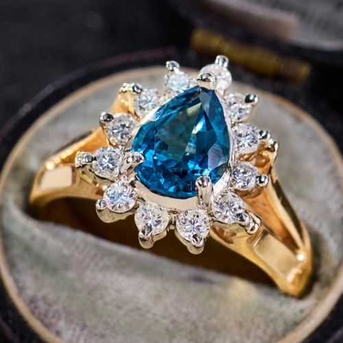 Pear Topaz & Diamond Halo Ring 14K Yellow Gold