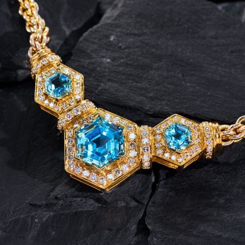 Large Hexagonal Blue Topaz Necklace w/ Diamonds Yellow Gold