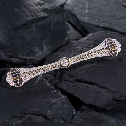 Circa 1910 Diamond Bar Brooch Platinum & 14K Yellow Gold