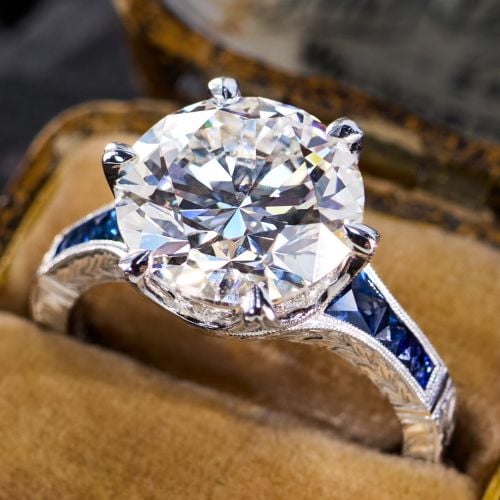 5 Carat Lab Grown Diamond in Contemporary Blue Sapphire Accented White Gold Ring
