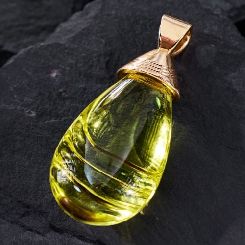 Custom Teardrop Fantasy Cut Lemon Quartz Pendant 14K Yellow Gold 