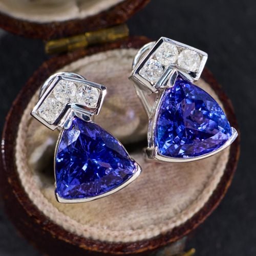 Trillion Cut Tanzanite Drop Earrings 14K Yellow Gold