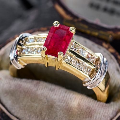 1 Carat Ruby Engagement Ring w/ Princess Diamonds 14K Two-Tone Gold