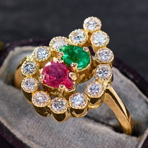 Paisley Emerald & Ruby Ring w/ Diamonds 14K Yellow Gold