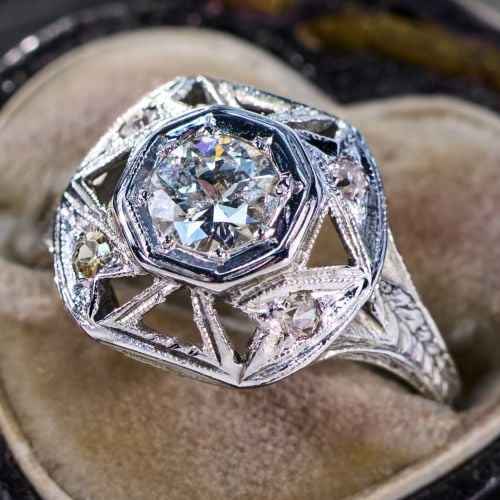 1930s Art Deco Transitional Diamond Ring 18K White Gold .48Ct H/I1