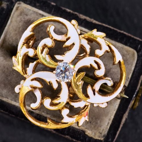 Final Sale: Antique White Enamel Old Euro Diamond Brooch Pin 14K Yellow Gold