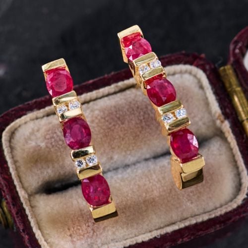 J Hoop Ruby Earrings w/ Diamonds 14K Yellow Gold