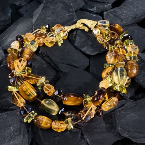 Large Beads Quartz & Tigers Eye Statement Necklace 18K Yellow Gold Clasp