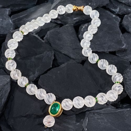 Rock Crystal Quartz Necklace w/ Emerald Pendant 18K Yellow Gold