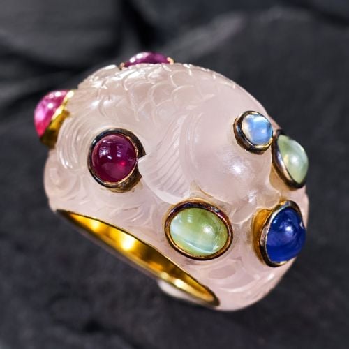 David Webb Carved Fish Quartz Ring w/ Gemstones 14K/18K Yellow Gold