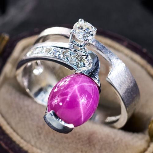 Futuristic Lab Grown Star Ruby Band Ring 14K White Gold