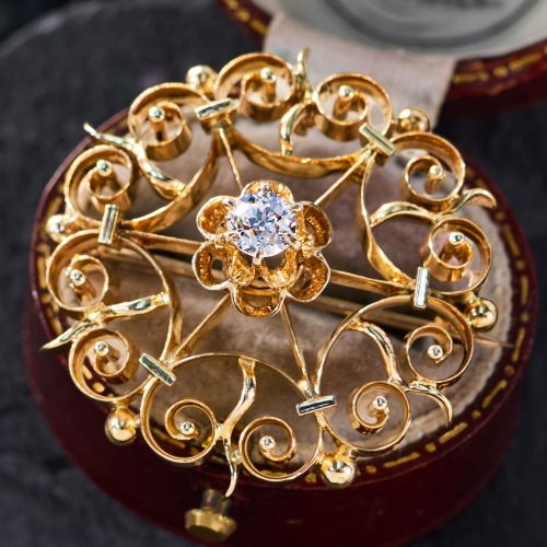 Circa 1900 Old Euro Diamond Circle Brooch 14K Yellow Gold