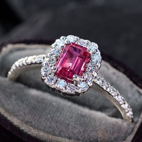 Ruby Ring w/ Diamond Halo 18K White Gold