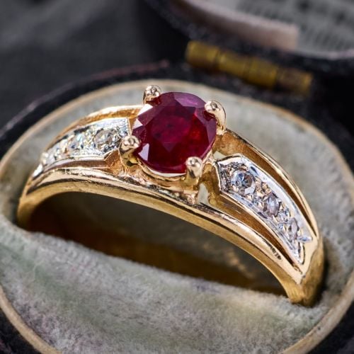 Three Quarter Carat Oval Ruby Ring w/ Diamonds 14K Yellow Gold