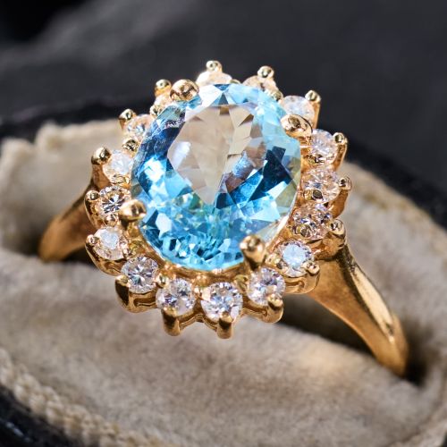 Oval Aquamarine & Diamond Halo Ring 14K Yellow Gold 