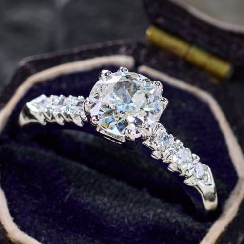 Vintage Old Euro Diamond Ring 14K White Gold .84Ct H/I2