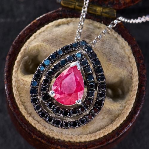 Ruby Pendant Necklace w/ Black Diamond Halos 18K White Gold