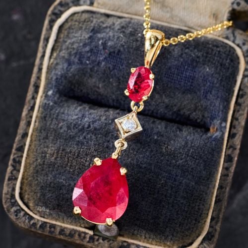 Glass Filled Ruby & Diamond Pendant Necklace 14K Yellow Gold