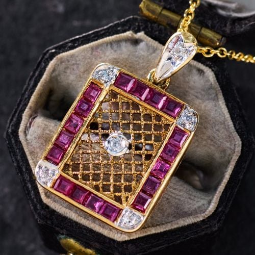 Diamond & Ruby Pendant Necklace 14K Yellow Gold