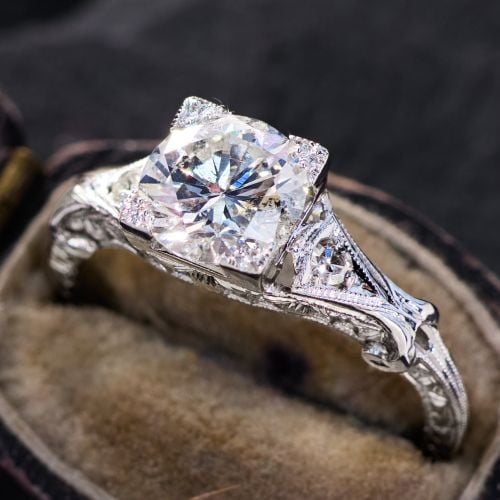 Engraved Vintage Diamond Engagement Ring 14K White Gold 1.31Ct H/I1