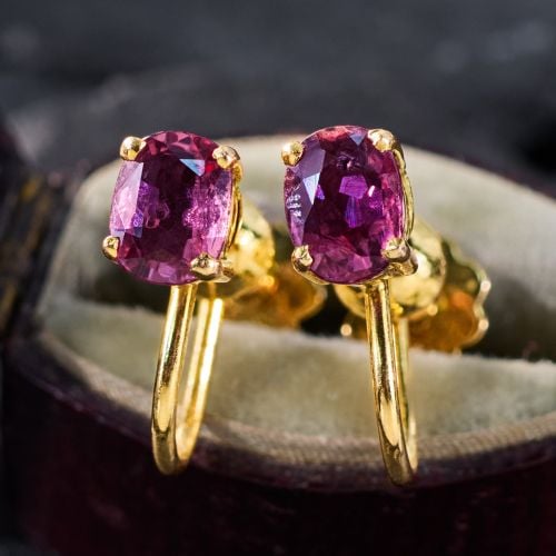 Screw-On Raspberry Ruby Earrings 14K Yellow Gold