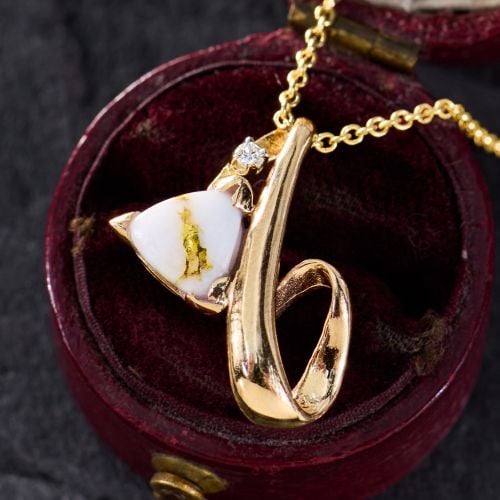 Swooping Gold in Quartz Pendant Necklace w/ Diamond 14K Yellow Gold
