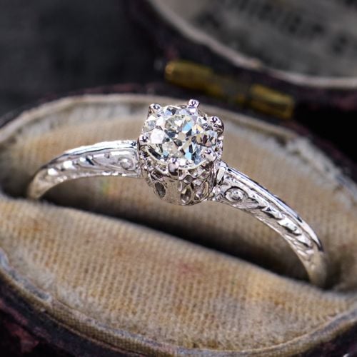 Antique Solitaire Filigree Engagement Ring Platinum .35Ct G/VS2