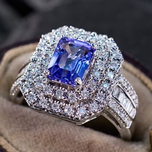 Double Diamond Halo 2 Carat Tanzanite Ring 14K White Gold