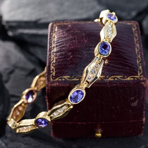 Oval Tanzanite & Diamond Link Bracelet 14K Yellow Gold
