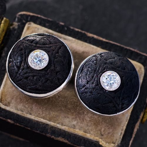 1930s Old European Cut Diamond Earrings w/ Carved Black Bog Oak