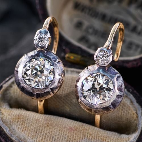 Victorian Old European Diamond Drop Earrings in 14K Gold & Sterling Silver