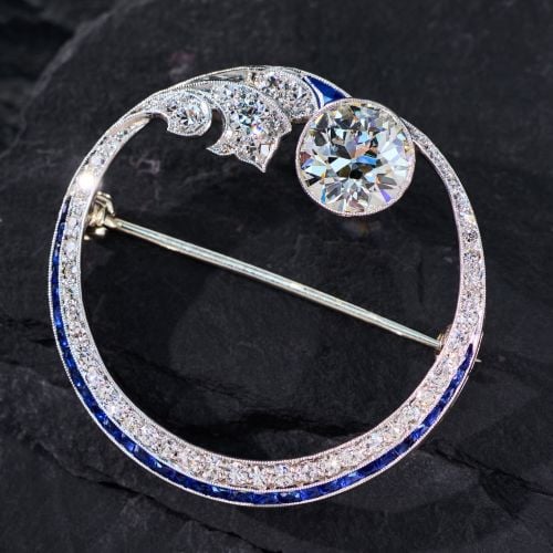 1920s Art Deco Diamond & Sapphire Circle Brooch Pin Platinum