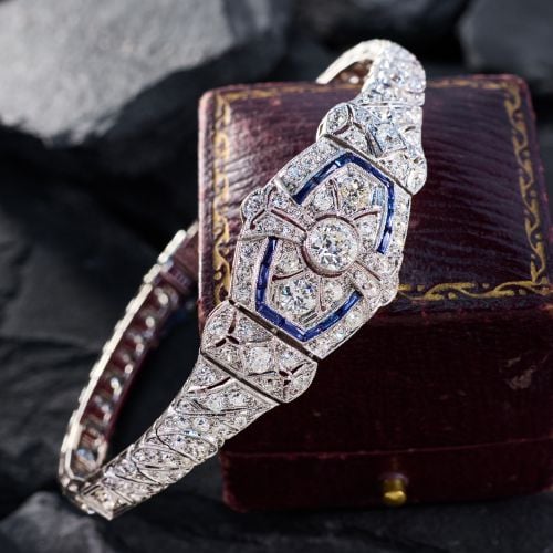 Art Deco Old European Diamond Bracelet w/ Lab Sapphires Platinum