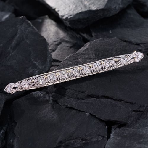 1920s Old European Cut Diamond Bar Brooch in Platinum