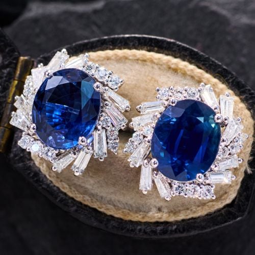 Fancy Oval Sapphire Stud Earrings w/ Diamond Halos Platinum