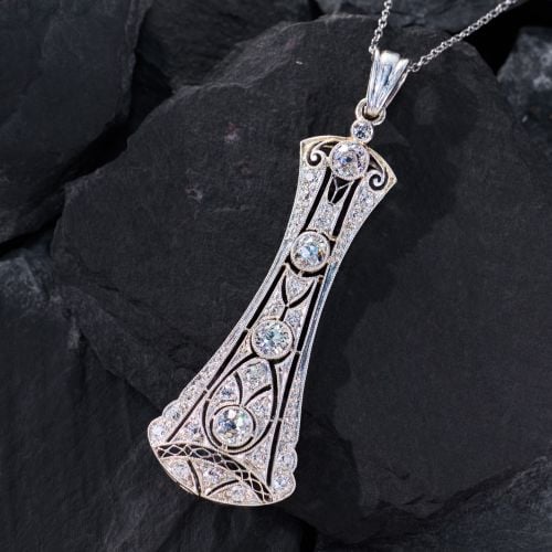 Art Deco Geometric Old Euro Diamond Pendant Necklace Platinum/ 14K White Gold