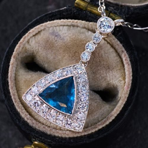 Trillion Aquamarine Pendant Necklace w/ Diamonds Platinum
