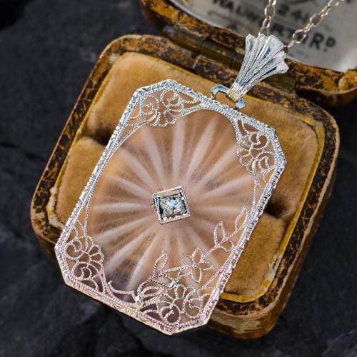 Filigree Rock Crystal Pendant Necklace 14K White Gold