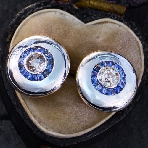 Circa 1930 Old Euro Diamond Earrings w/ Sapphires 18K Yellow Gold & Platinum