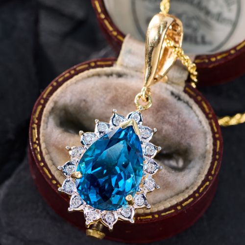 London Blue Topaz w/ Diamond Halo 18K/14K Yellow Gold