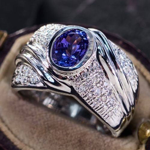 1.5+ Carat Tanzanite Ring w/ Pavé Diamonds 14K White Gold