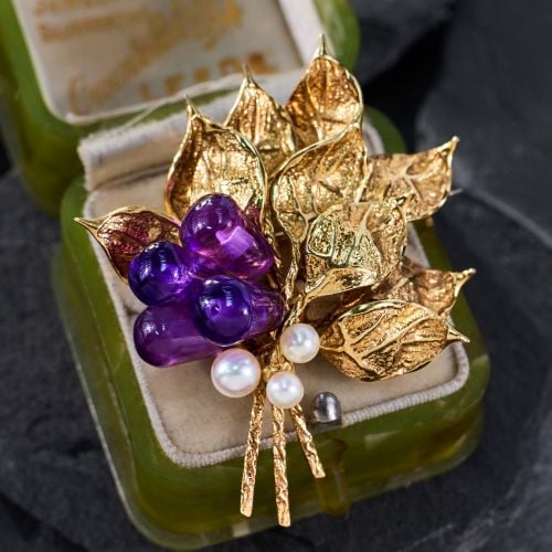Midcentury Pearl & Amethyst Bouquet Brooch 14K Yellow Gold