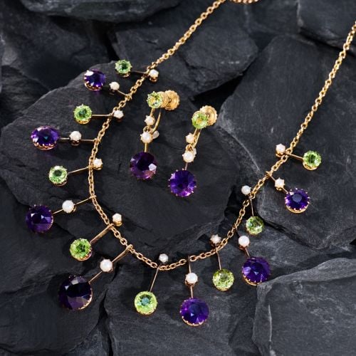 Arts and Crafts Amethyst Peridot Pearl Necklace & Earrings Set 14K Yellow Gold