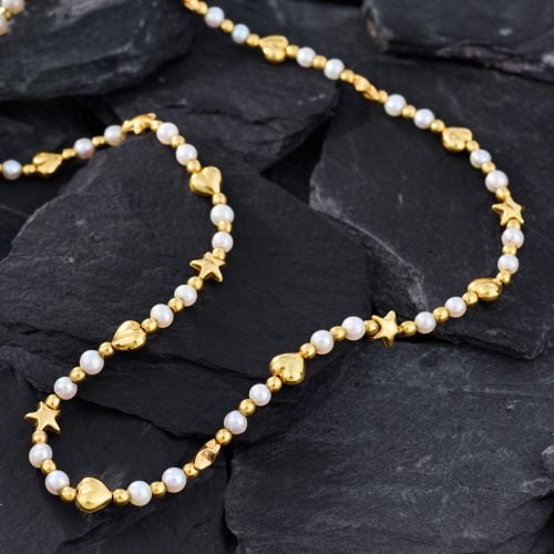 Heart & Star Bead Pearl Necklace 18K Yellow Gold