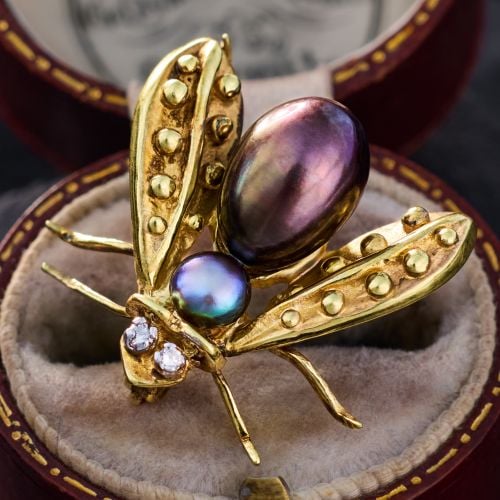 Black Pearl Bee Brooch Pin with Diamond Eyes 14K Yellow Gold