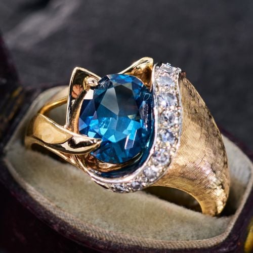 1980s London Blue Topaz Ring w/ Diamonds 14K Yellow Gold
